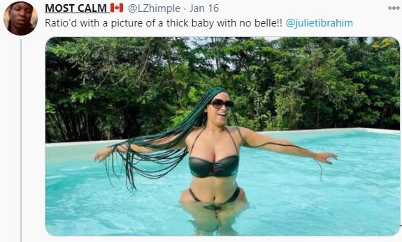 "Stop making women feel less beautiful" - Juliet Ibrahim blast fan who praised her for having flat stomach
