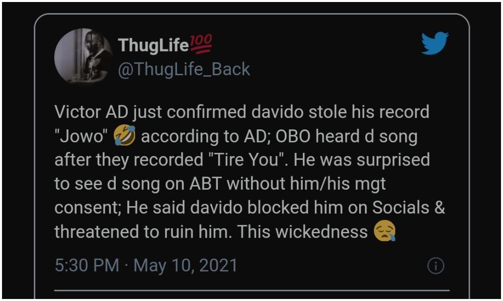 Nigerian man accuses Davido of stealing hit single 'Jowo' from singer Victor AD