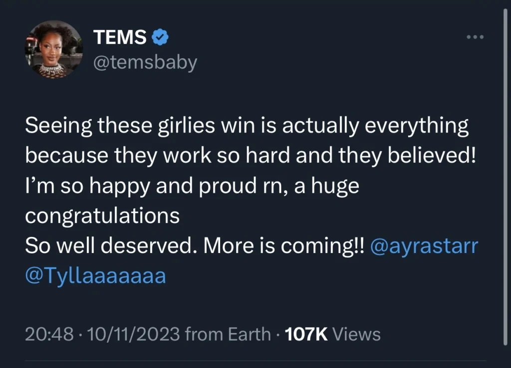 “So well-deserved, more is coming” — Tems congratulate Ayra Starr and Tyla over Grammy nominations 