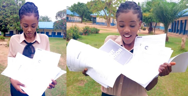 Nigerian Lady poses with 10 admission letters from 10 foreign universities