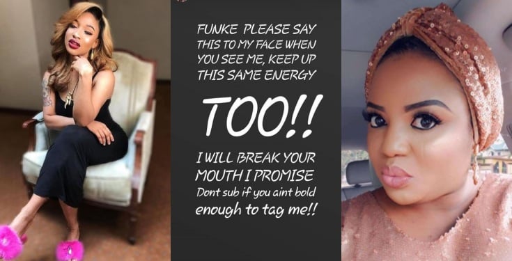 Tonto Dikeh vows to beat up actress Funke Adesiyan