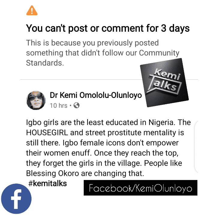 Kemi Olunloyo earns Facebook ban as Igbos drag her for calling their women least educated