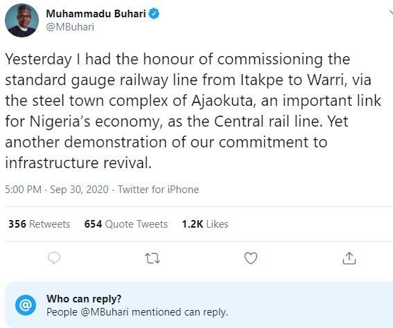Buhari's tweet with locked comment section
