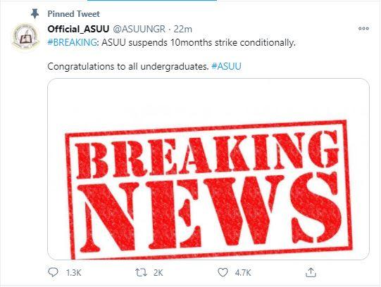 ASUU STRIKE CALLED OFF SUSPENDED 2020