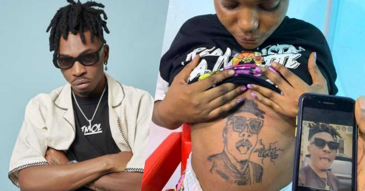 Reactions as pregnant lady tattoos Mayorkun's face on her baby bump