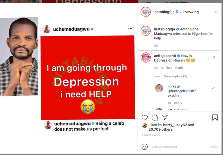 Actress, Anita Joseph mocks Uche Maduagwu over his cry for help on depression
