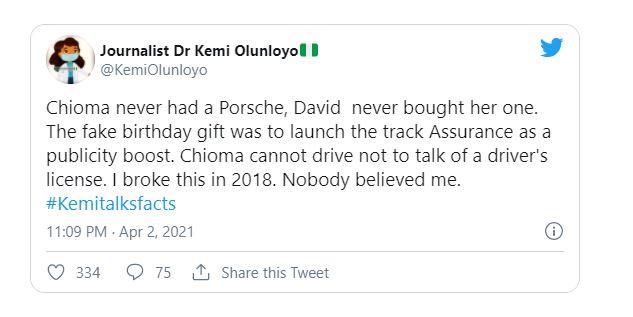 "Davido never bought Chioma a Porsche, it was fake gift" - Kemi Olunloyo reveals 
