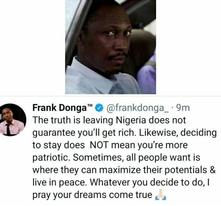 "Leaving Nigeria doesn't guarantee your success" - Frank Donga to those seeking greener pasture
