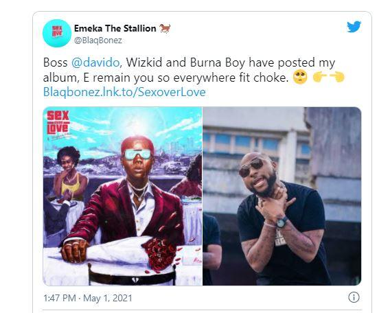 Blaqbonez pleads to Davido to promote his album after Burna Boy & Wizkid showed him love
