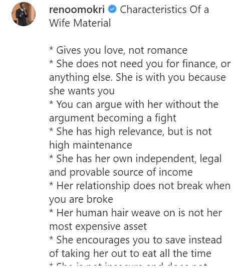 Reno Omokri lists the characteristics of a wife material