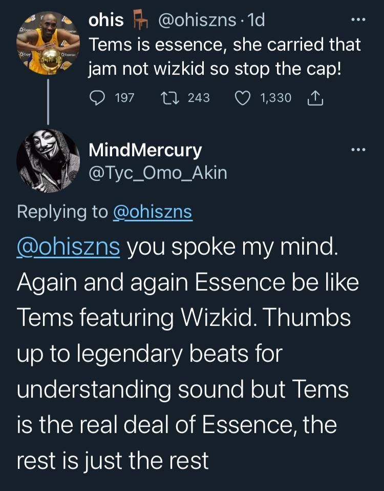 "Tems is the real deal on 'Essence' not Wizkid" - Man triggers reactions