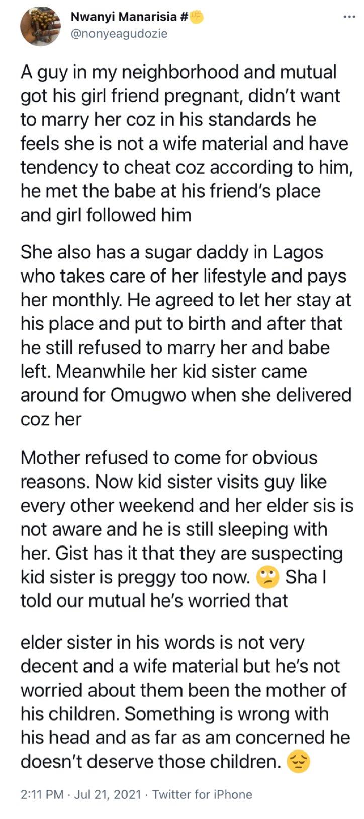 Lady narrates how man got two siblings pregnant 