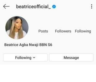 #BBNaija: Reactions as Instagram deletes Beatrice's account hours after verification