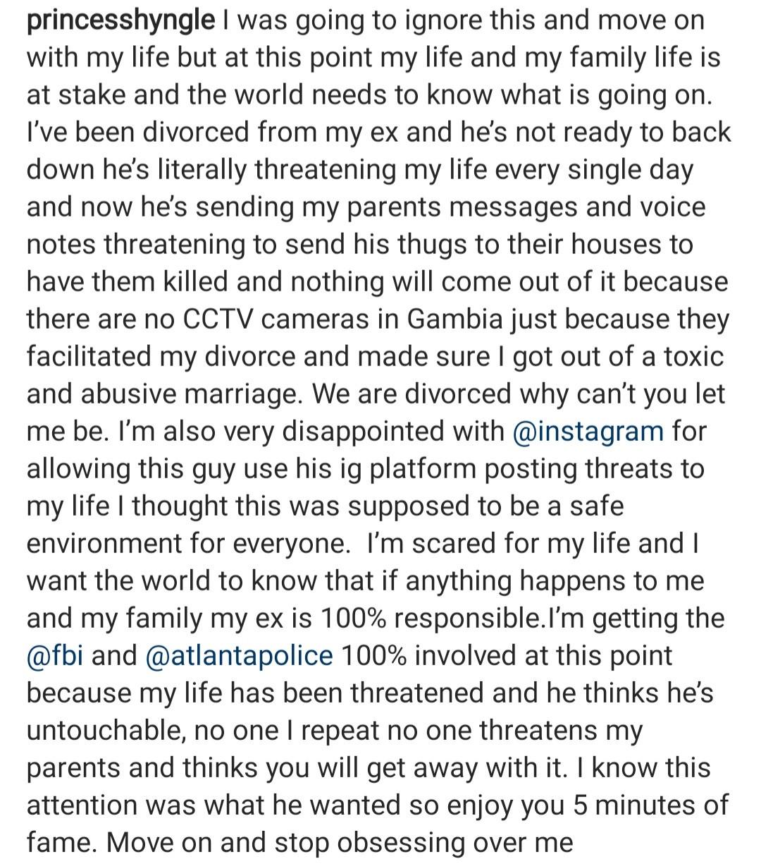 Princess Shyngle cries out for help, releases audio from ex-husband threatening to take her life