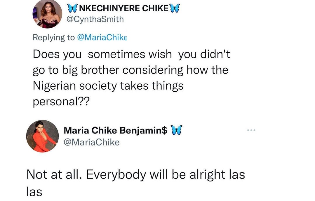 Maria Chike replies fan who asked if she regrets going for Big Brother Naija show