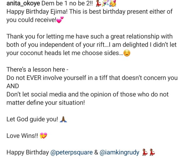 "Don't ever involve in fight that doesn’t concern you" - Anita Okoye says as she celebrates P-Square on their 40th birthday