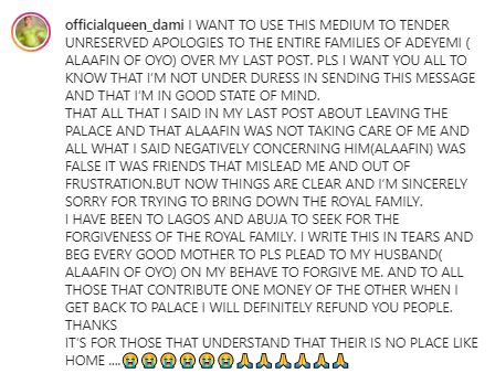 "My friends misled me" - Queen Dami begs to return to palace after dragging ex-husband, Alaafin of Oyo