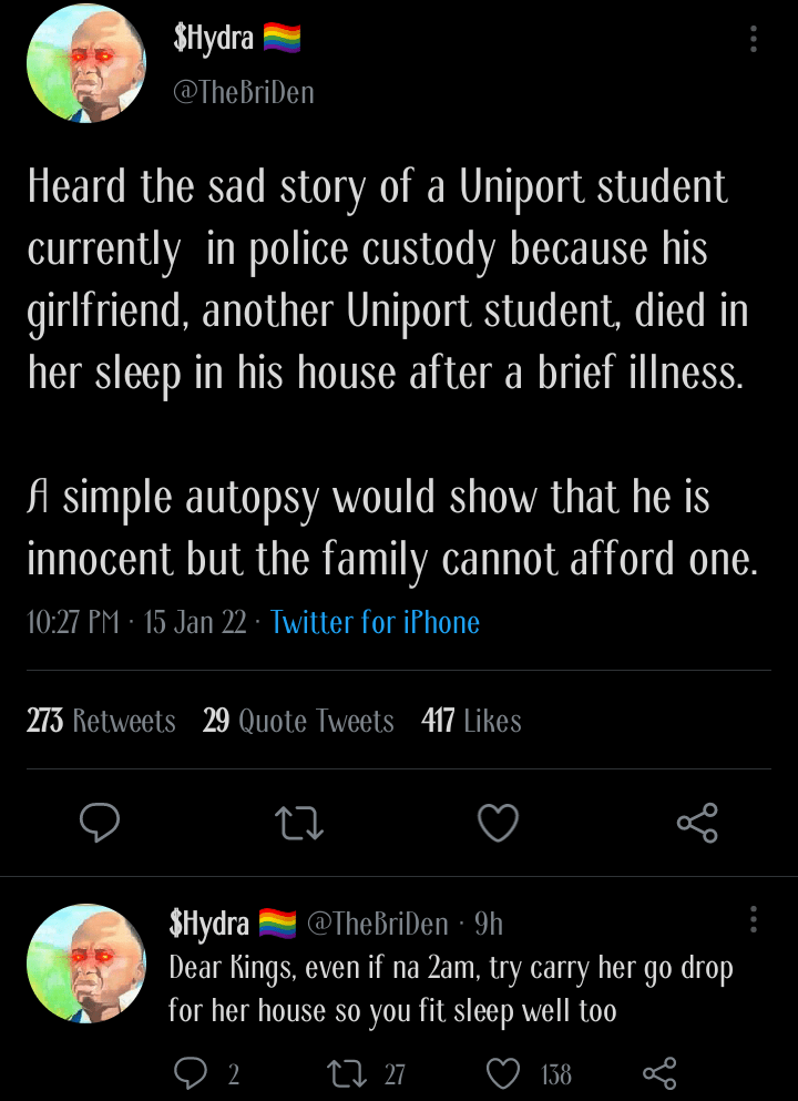 Uniport student girlfriend died