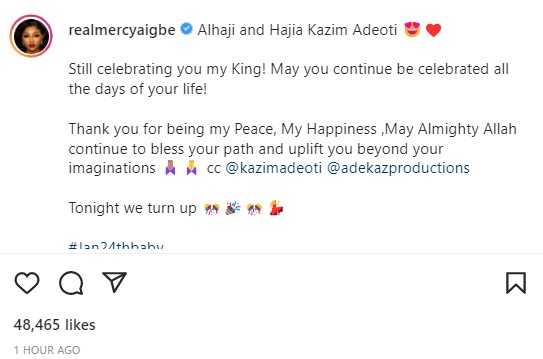"Alhaji and Hajia Kazim Adeoti, still celebrating you my King" - Mercy Aigbe reacts unbothered amidst backlash