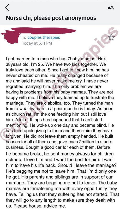 Lady married to man with seven baby mamas cries out over spiritual attacks