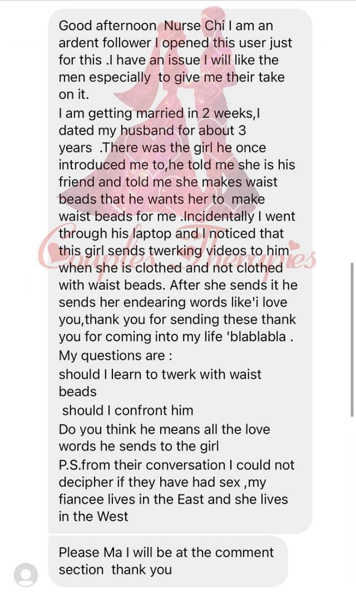 Lady getting married in two weeks seeks advice over fiancée's obsession with twerking waist bead vendor