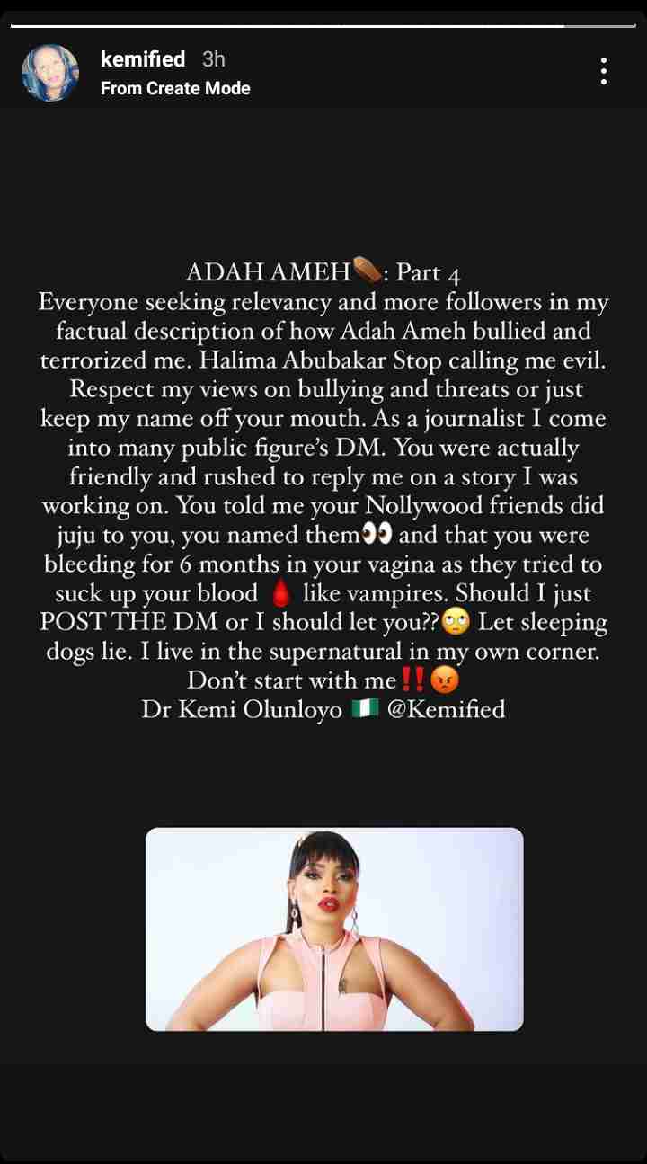 "Keep my name off your mouth or I'll post the DM" - Kemi Olunloyo fires back at Halima Abubakar 