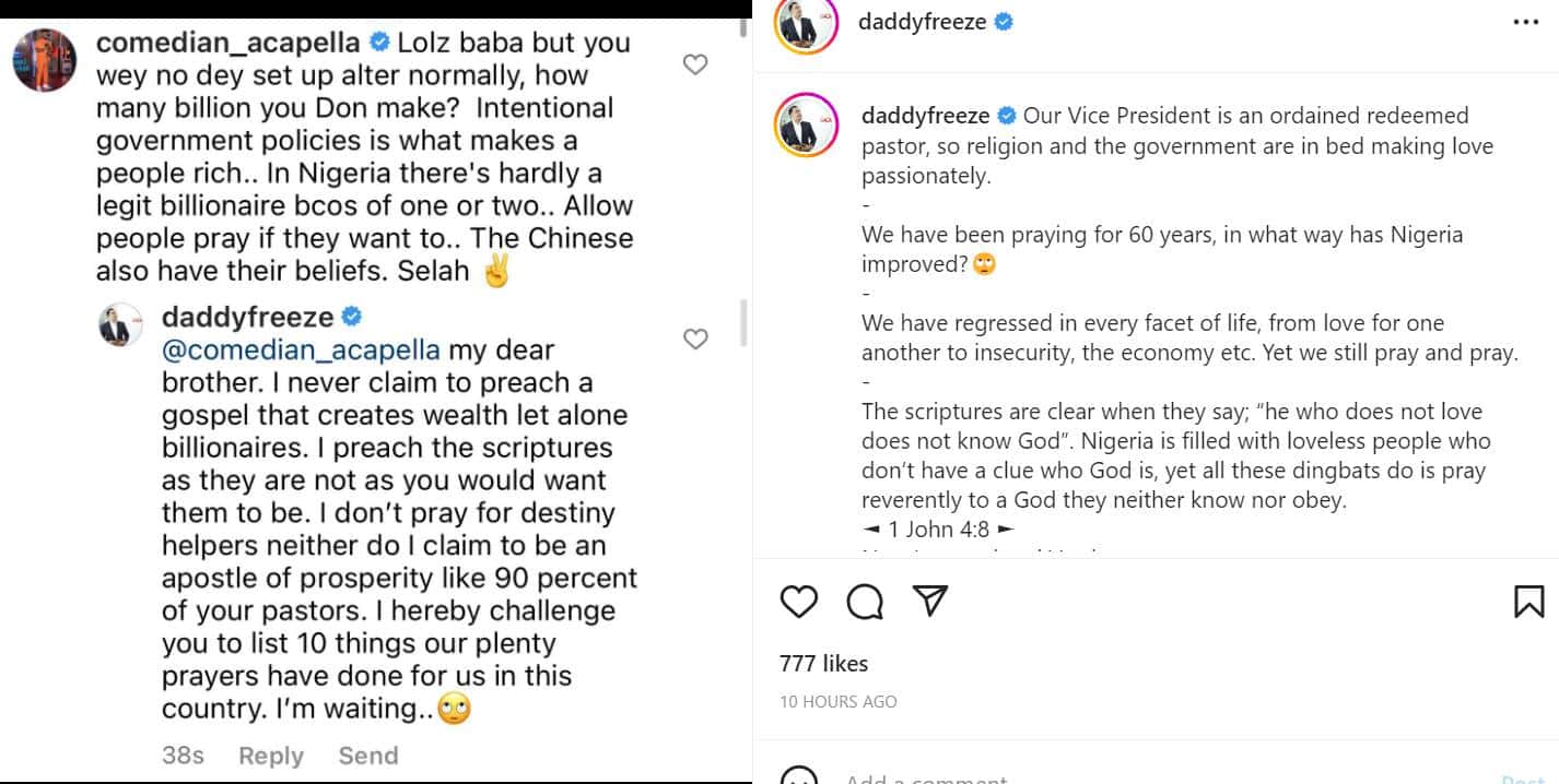 We have been praying for 60 years, in what way has Nigeria improved - Daddy Freeze replies Acapella after he told him to stop criticizing people who pray