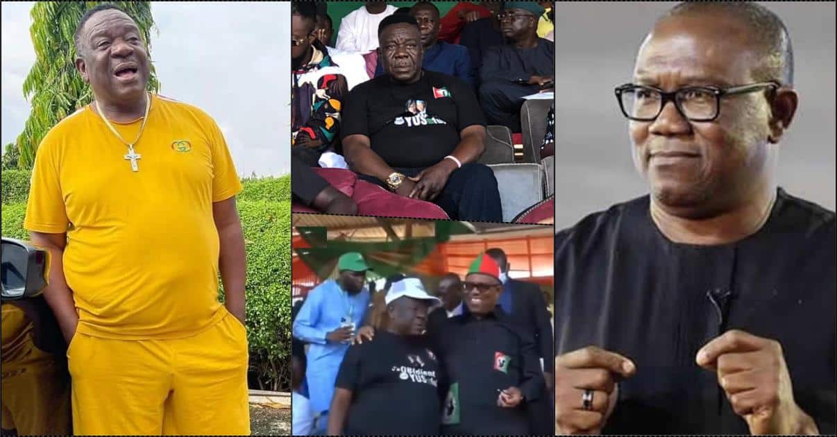 Netizens kick as Mr Ibu attends Peter Obi campaign months after endorsing Tinubu (Video)