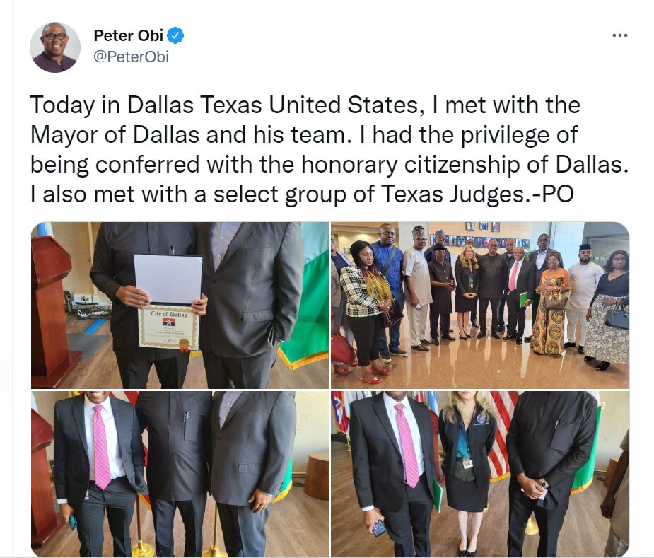 Peter Obi conferred with honorary citizenship in Dallas, United States