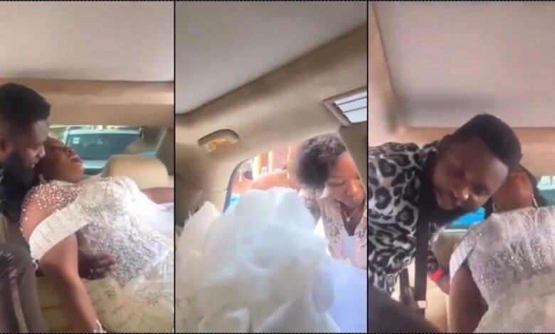 Drama as tight-fitted wedding gown hinders bride from entering car (Video)