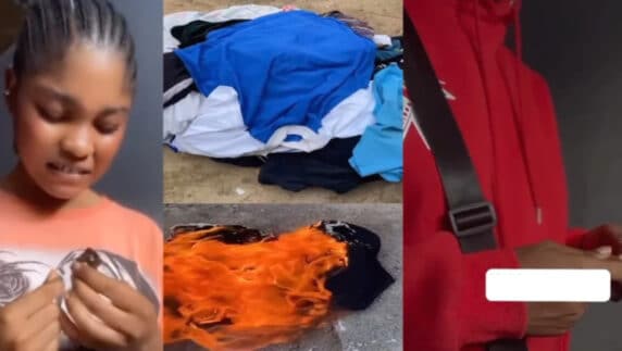 Lady sets boyfriend's clothes on fire after alleged cheating despite taking blood oath (Video)