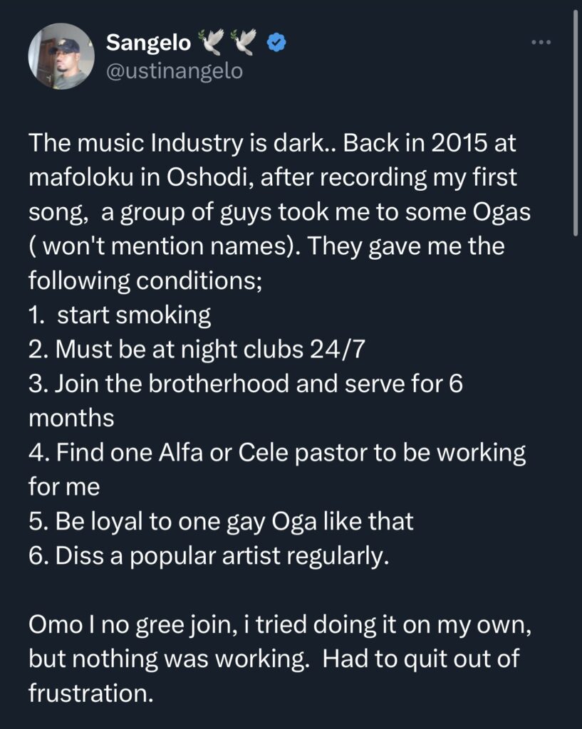 Screenshot of @ustinanjelo’s tweet, exposing secrets of the Nigerian music scene.