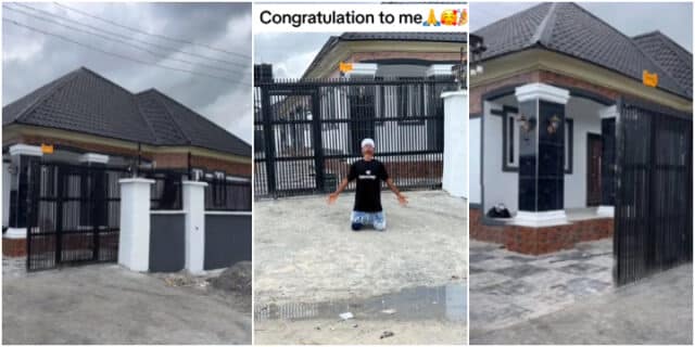 Nigerian man gets emotional, goes on his knees, and celebrates endlessly as he finally completes his new house (Video)