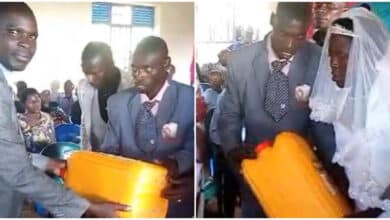 Wedding guest causes a stir by openly gifting couple an empty jerry can on their wedding day (Video)