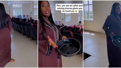 "You sha no fit beat me" - Female Usher causes buzz as she seizes phones of church members during service