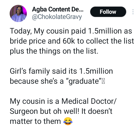 "Was asked to pay N1.5m - Man reveals amount his in-laws demanded for bride price due to their daughter's education