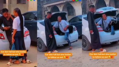 "Life of an understanding girlfriend" – Lady enters boyfriend's car boot after his friends occupied car seats