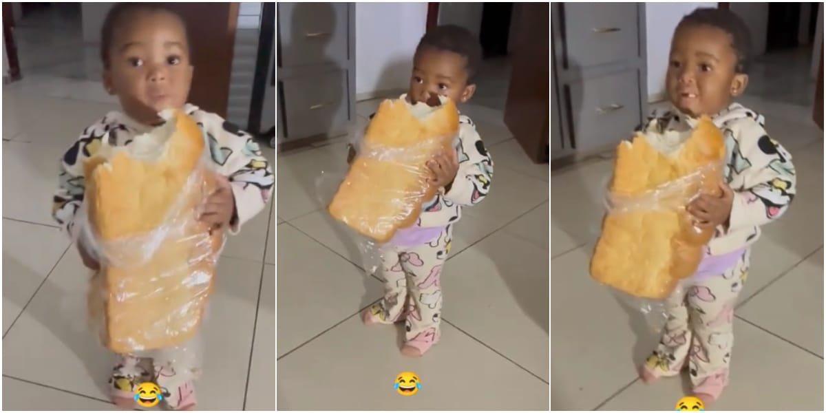 "Her own Christmas don start" - Little girl causes buzz as she excitedly grabs oversized loaf of bread, eats it