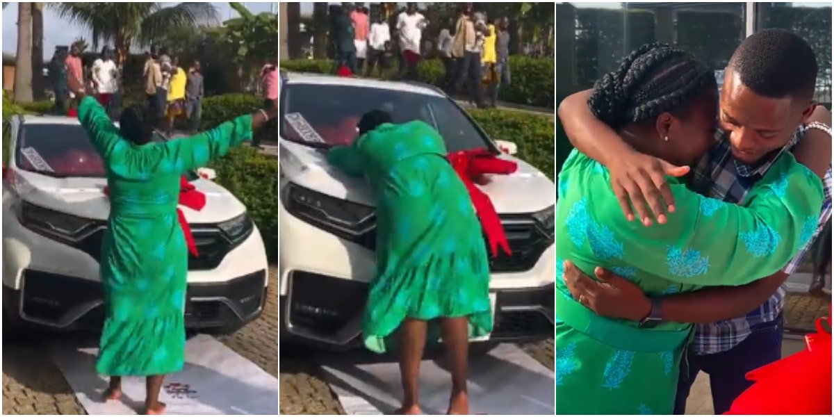 Lady overjoyed, runs barefoot at work as husband surprises her with car gift on birthday