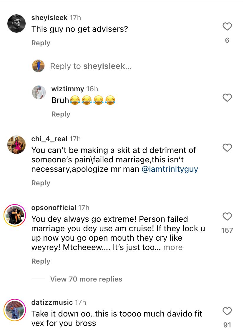 Trinity Guy lambasted for making skit out of Israel DMW’s marital woe