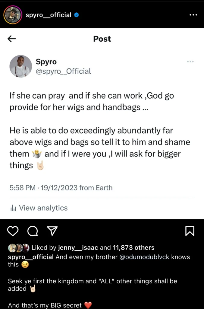 “If you can pray and work God will give you wigs and handbags” — Spyro tells ladies as he stylishly drags Odumodu Blvck