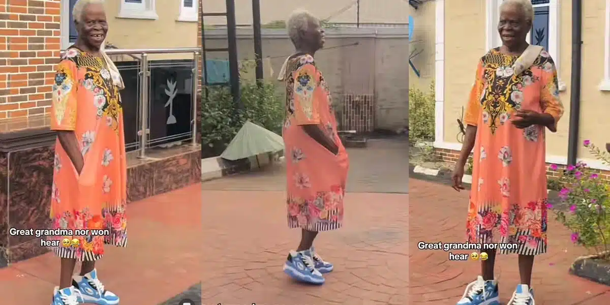 “Pablo mama don come back from UK” — Reactions as old woman stylishly steps out in gown and sneakers
