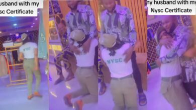 Lady storms her husband's shop after NYSC POP to appreciate him for sponsoring her