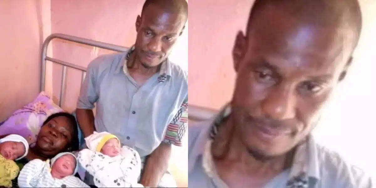 “Happiness wan finish the man” — Nigerians react to father’s expression as he welcomes triplets with wife