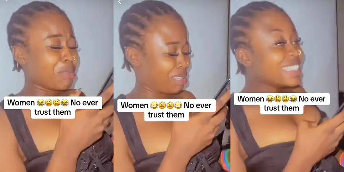 “Na mumu dey trust woman this days” — Reactions as lady fakes tears with her partner over the phone