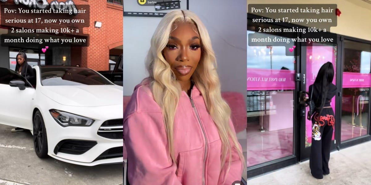 "1 car, 2 salons, 10k monthly" - Lady flaunts achievements after taking her hairdressing business seriously at the age of 17