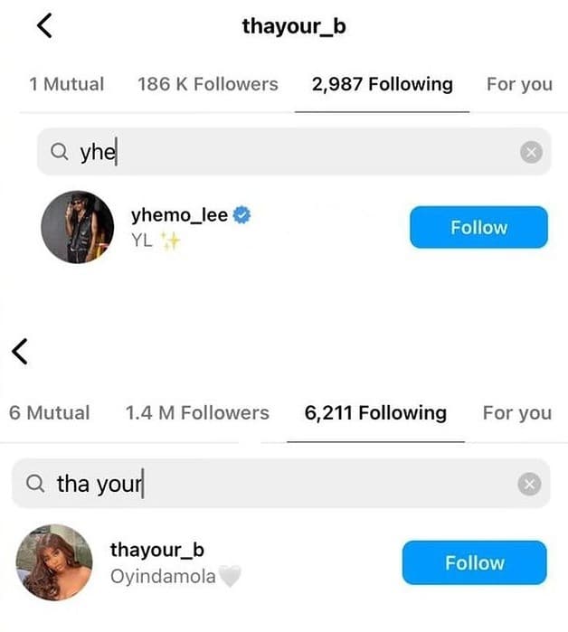 Yhemolee and ex-girlfriend, Thayour follow each other after public drama
