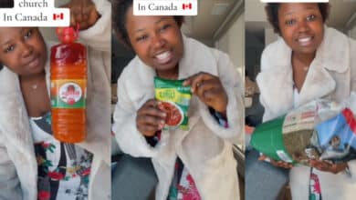 Lady flaunts bag of rice, other gifts Nigerian church in Canada gave her as first-timer