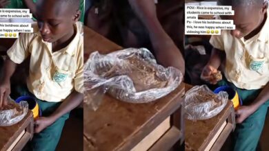 "Rice is expensive" - Nigerian student grabs attention as he takes Amala, soup to school over inability to afford rice