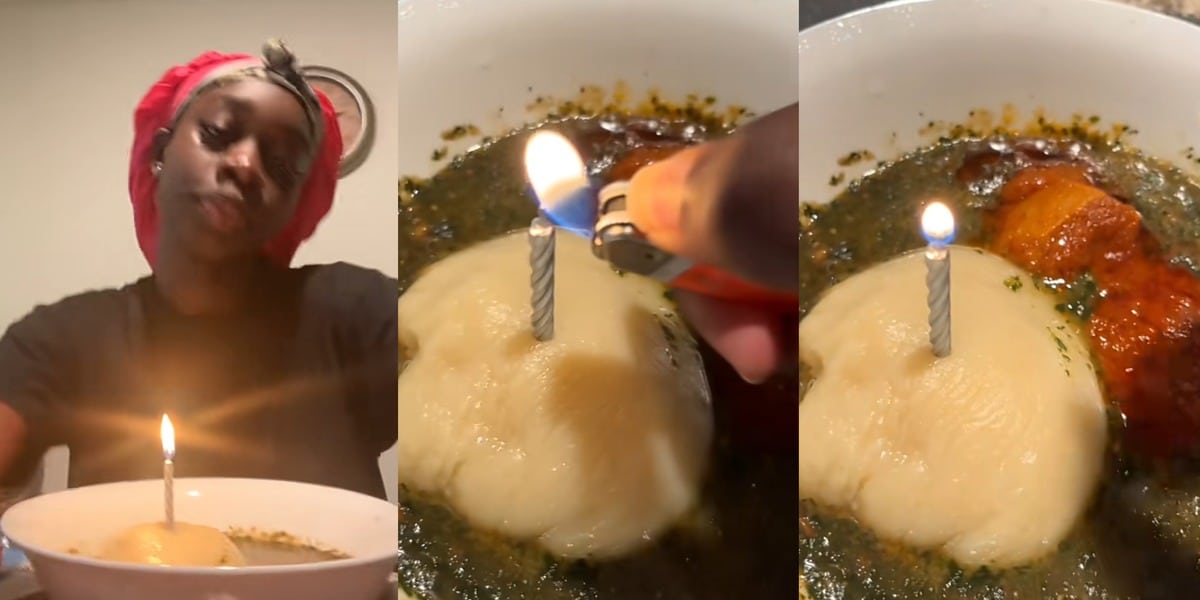 Nigerian lady ditches cake, celebrates birthday with plate of white amala, soup, and ewedu